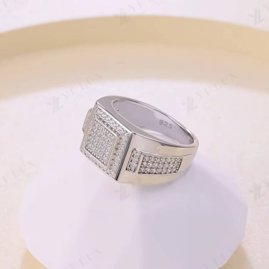 Hip Hop Mens Sterling Silver Square Moissanite Ring Luxury Design Micro Pave Setting Moissanite Men Ring Jewelry for Groomsmen