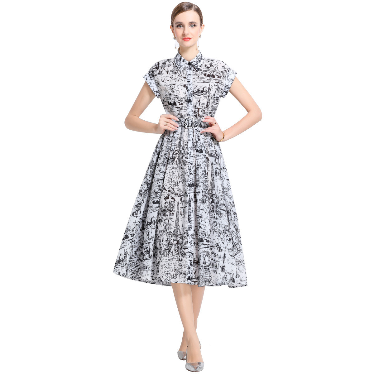 1701 Summer New Printed Short Sleeve Shirt with Belt Mid-Length Dress