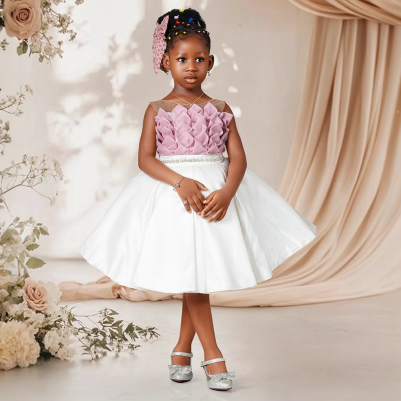 2025 Pink Flower Girl Dresses Children Birthday Dress Illusion Spaghetti Straps Flora Applique Beaded Lace Tiered Tulle Princess Queen Ball Gown For M