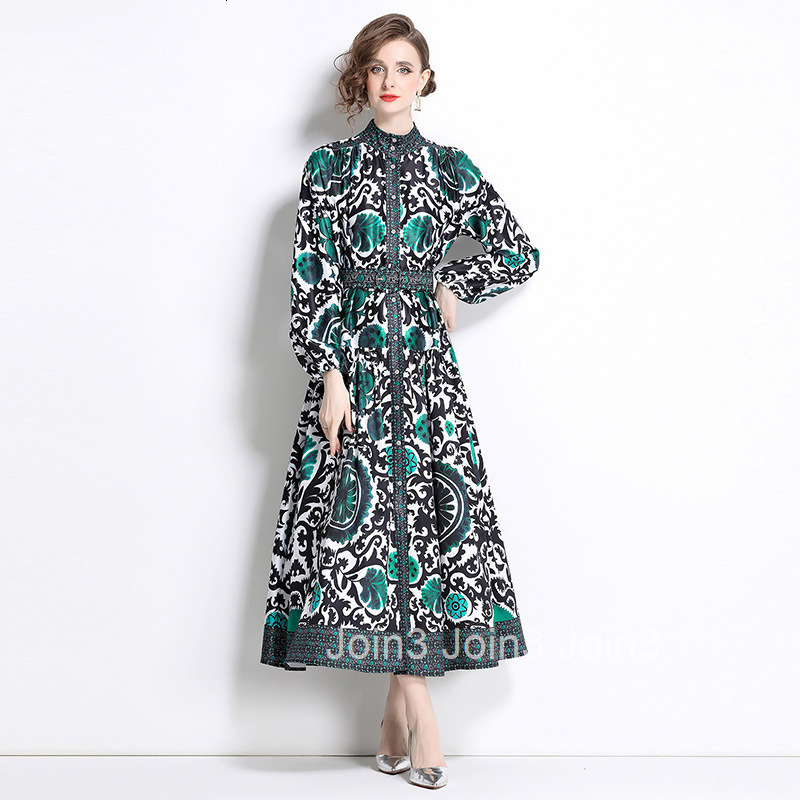 8755 Fashion Elegance Style Stand Collar Single-Breasted Printed Dress