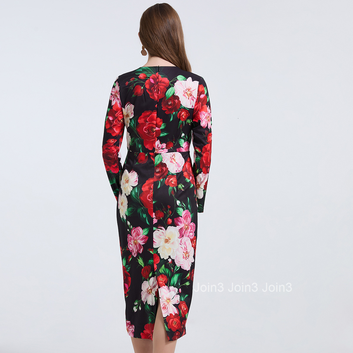 789 Elegant Rose Large Flower Slim Fit Bodycon Dress High Waist Round Neck Long Sleeve Dress