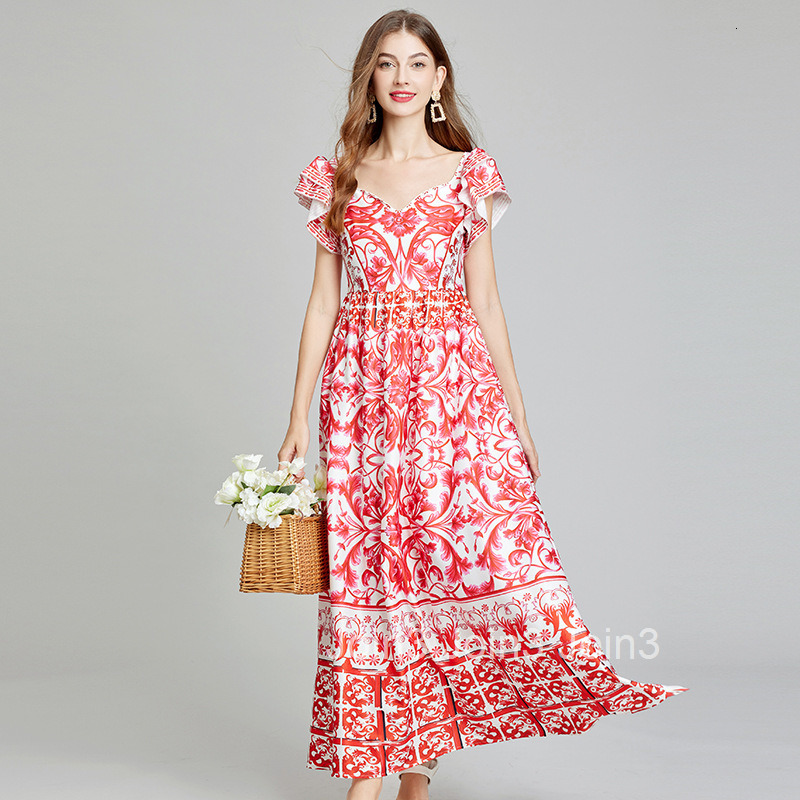 Summer New Arrival Positioning Printed V-Neck High Waist Flared Dress Slim A-Line Dress