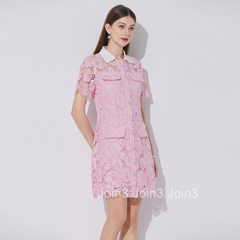6606 New Sweet Design Color-Block Collar Lace Hollow Short Dress