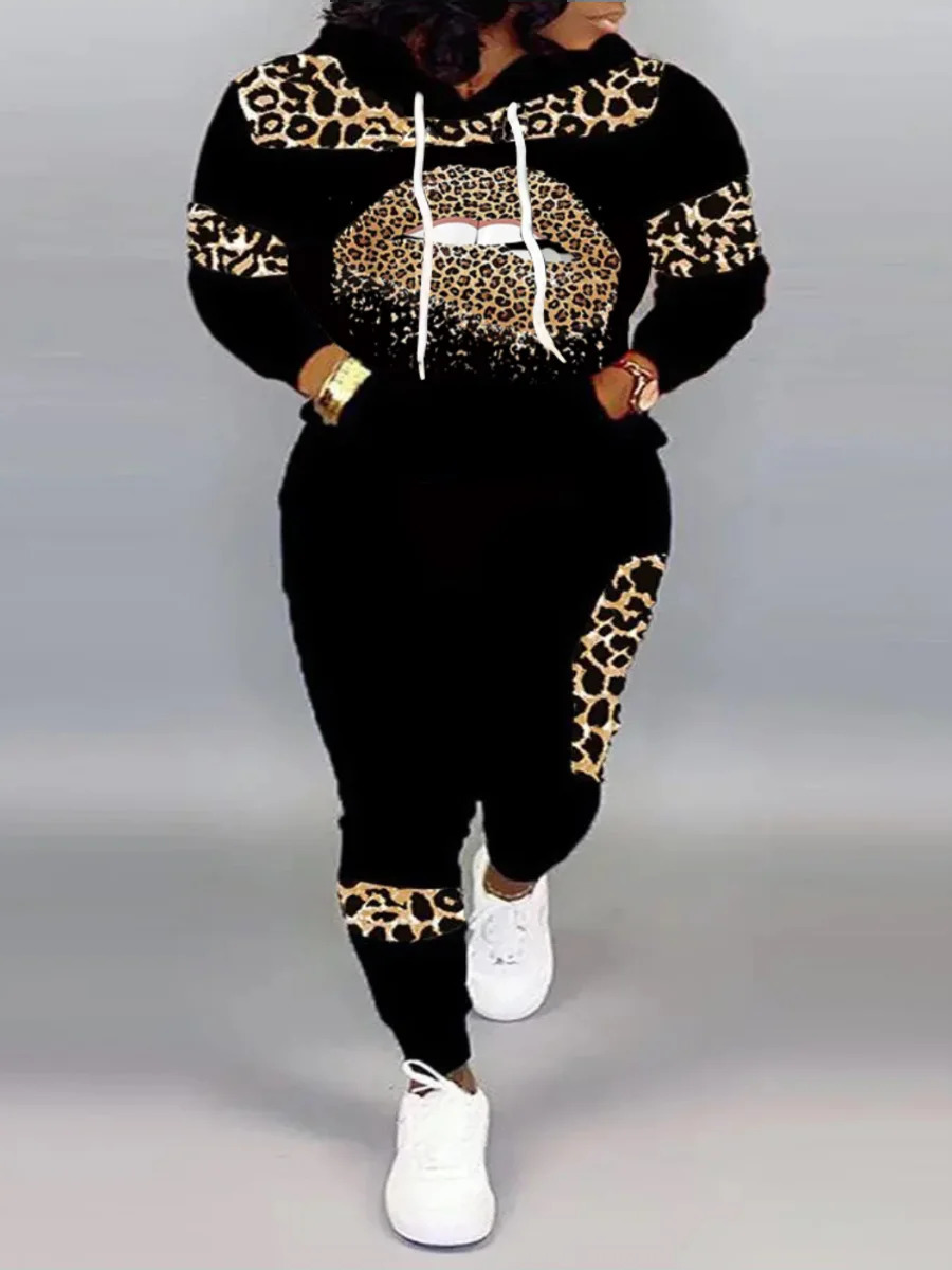 LW Plus Size Autumn Women Long Sleeves Two Pieces Hooded Collar Leopard Print Tracksuit Set Sweatshirts Pullover Hoodies Pant 250714