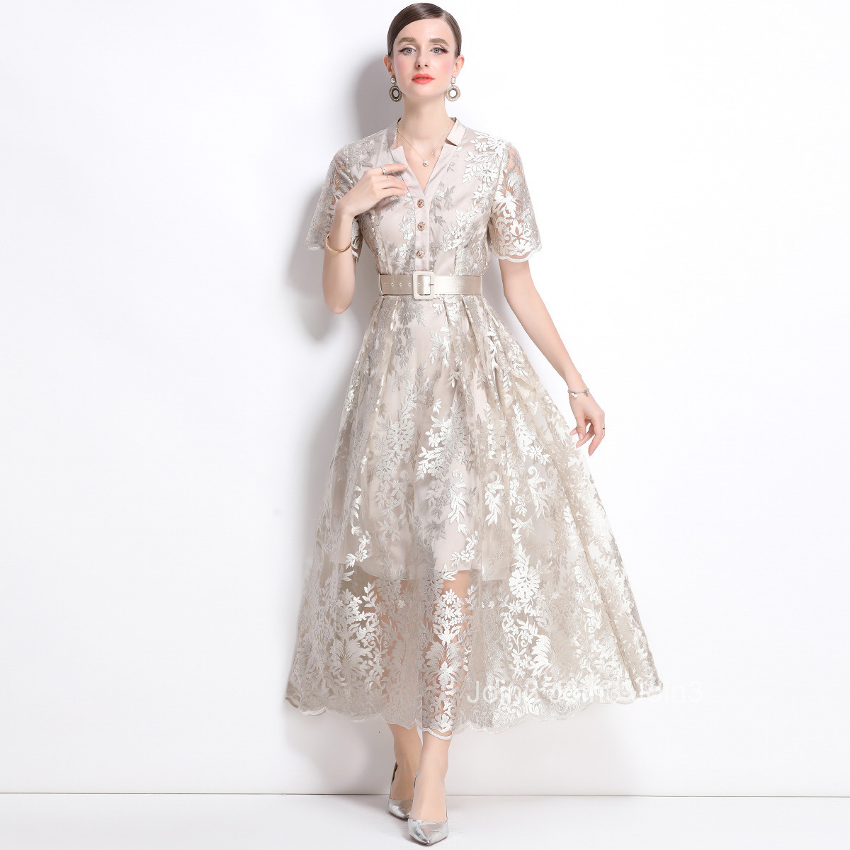 1691 New Style Mesh Embroidered Long Dress with High-end Feel Pocket V-neck Slim Fit Dress with Belt