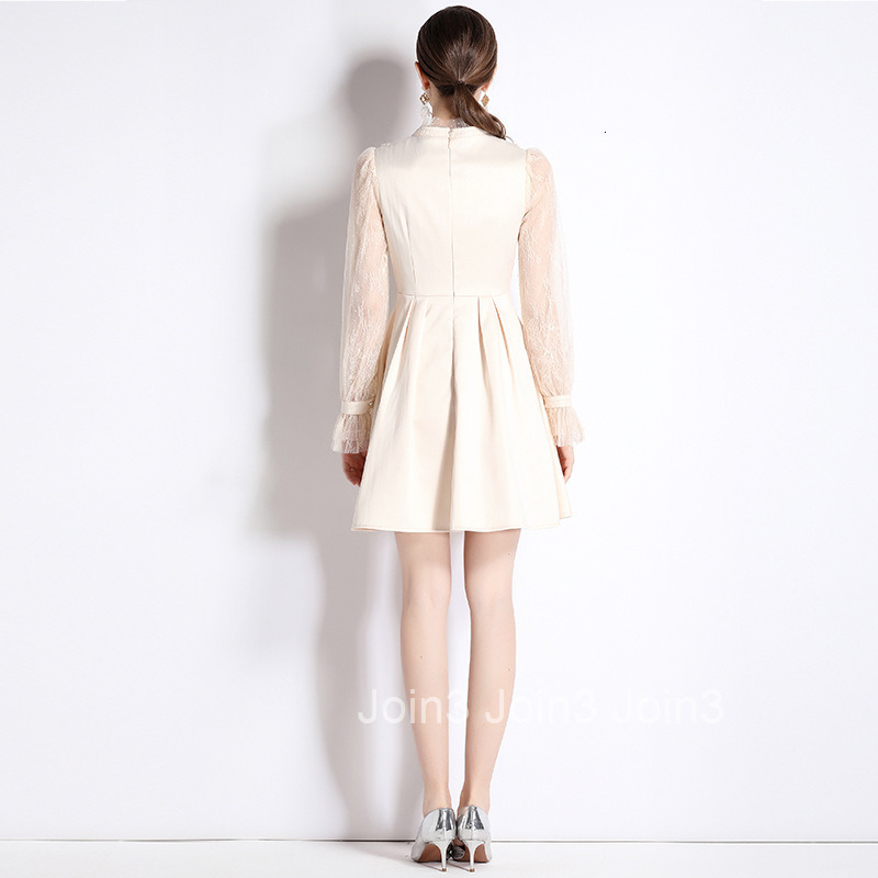 989 Spring and Autumn New Womens Fashion Elegant Beaded High Waist Slimming Mesh Long Sleeve Patchwork A-line Dress