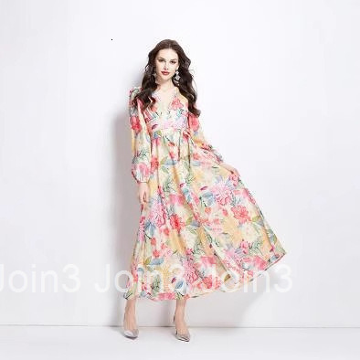 2708 Spring and Summer New Watercolor Floral Long Sleeve Long Dress