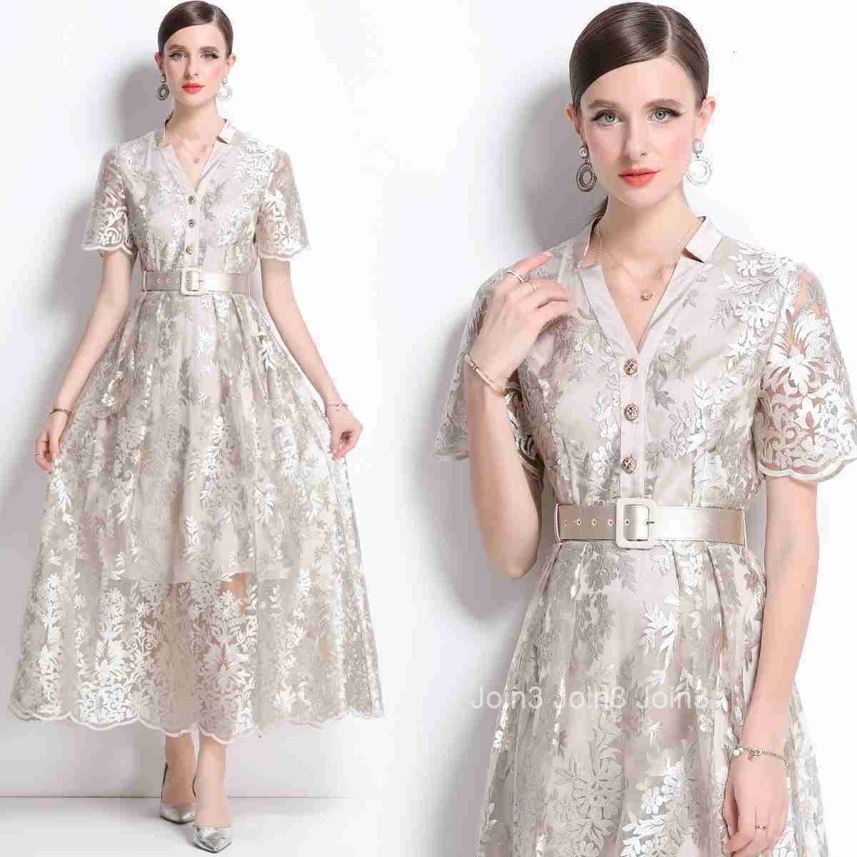 1691 New Style Mesh Embroidered Long Dress with High-end Feel Pocket V-neck Slim Fit Dress with Belt