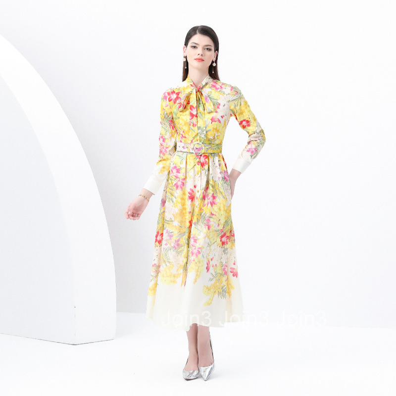 6046 early spring new womens clothing temperament style with ribbon collar lantern sleeves long skirt printed dress