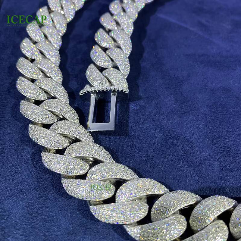 18mm 20mm 5-Row Moissanite Diamond Tester VVS1 Miami Cuban Link Chain 925 Sterling Silver Necklace with White Gold Finish