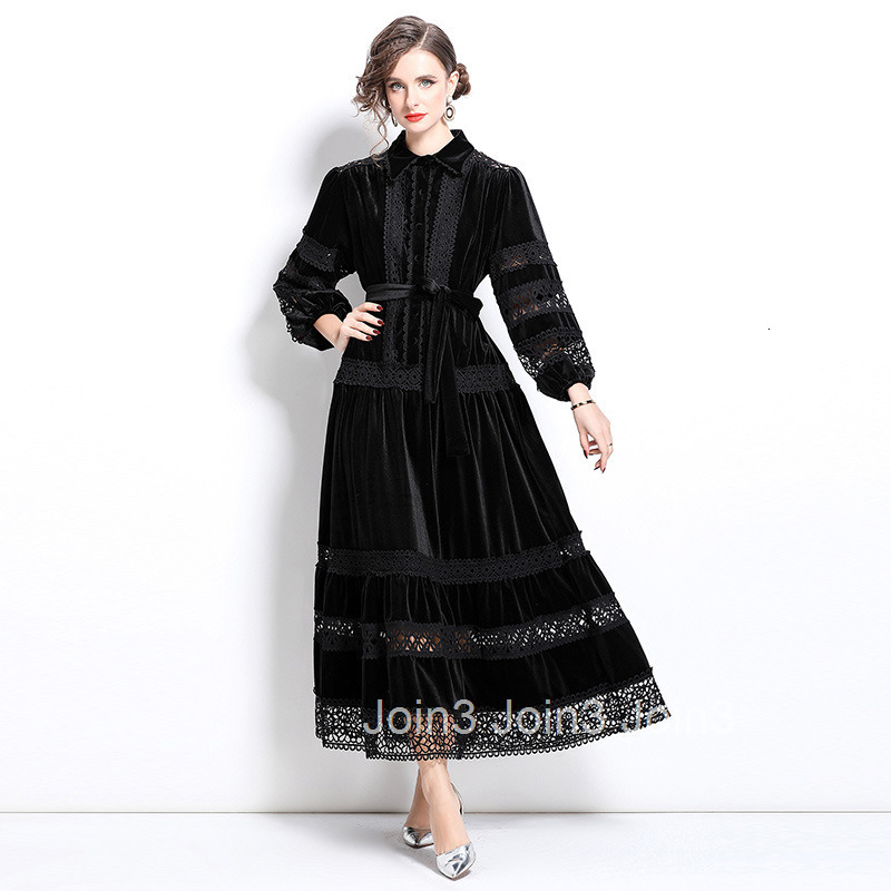 6578 autumn and winter new style lace hollow out temperament velvet long skirt dress