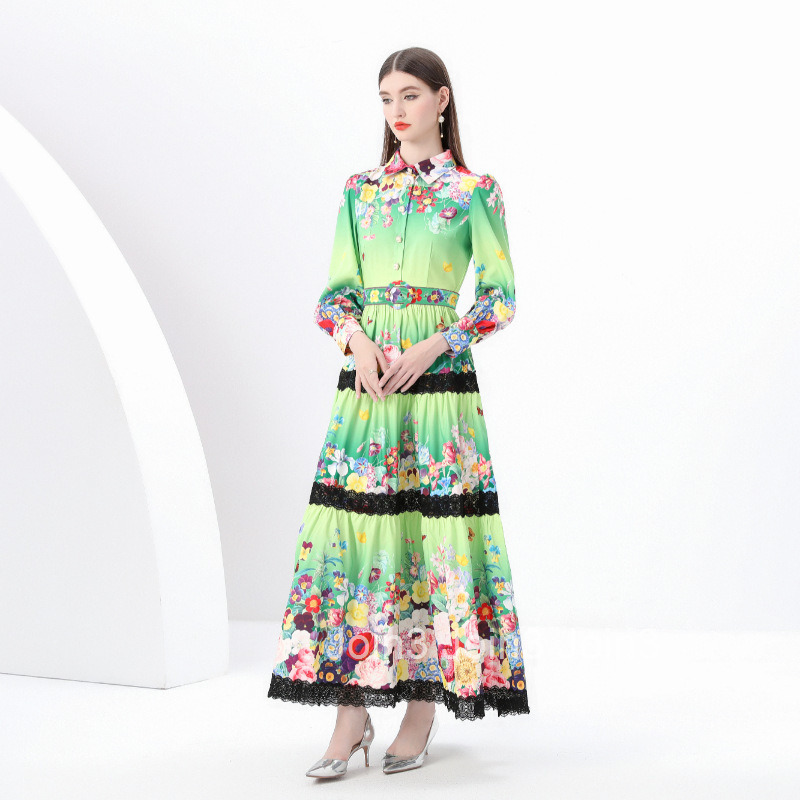 6008 early spring new womens clothing Elegance style lapel lantern sleeve printed lace edge skirt dress