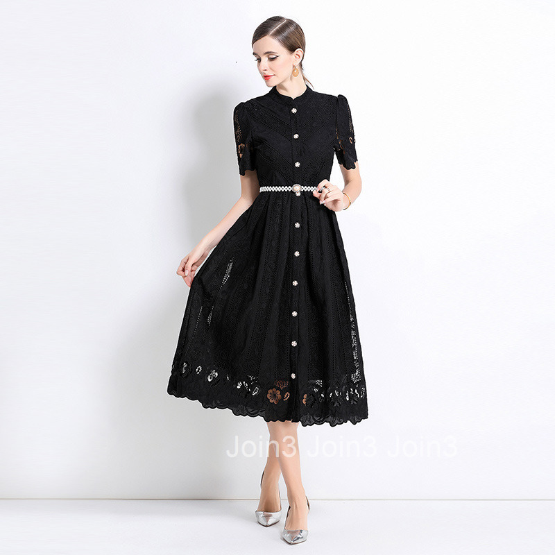 711 Mid-Length Sleeve Slimming Hollow Laser Embroidered Positioning Print Mid-Length Dress