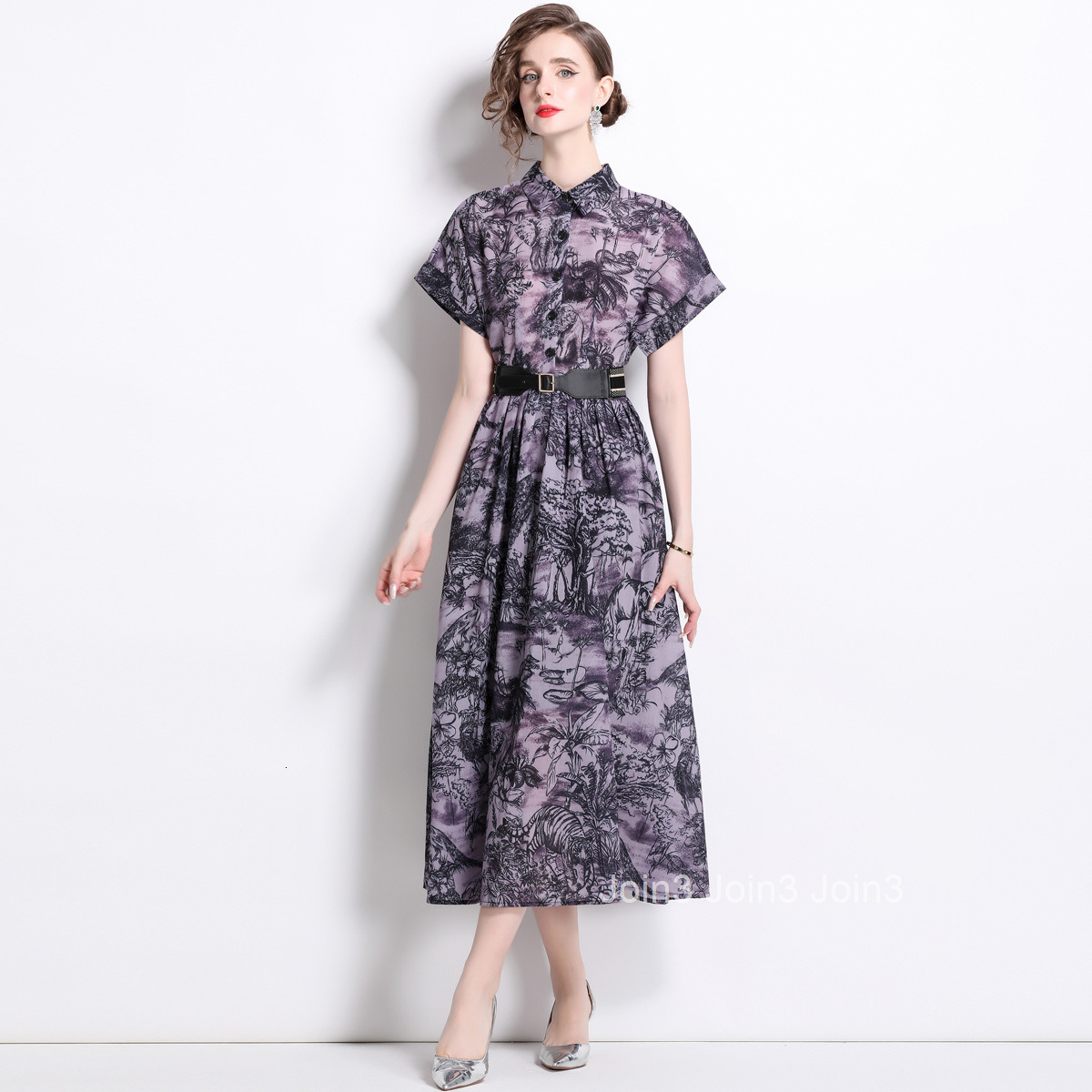 1899 Summer New Womens Printed Collar Short Sleeve Slimming Long Dress with Inner Lining (Comes with Belt)