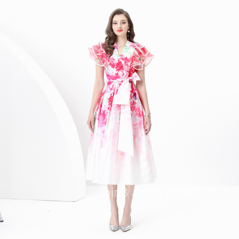 8870 Early Spring New Womens Vacation Wrap Tie V-neck Flutter Sleeve Long Dress Printed Dress