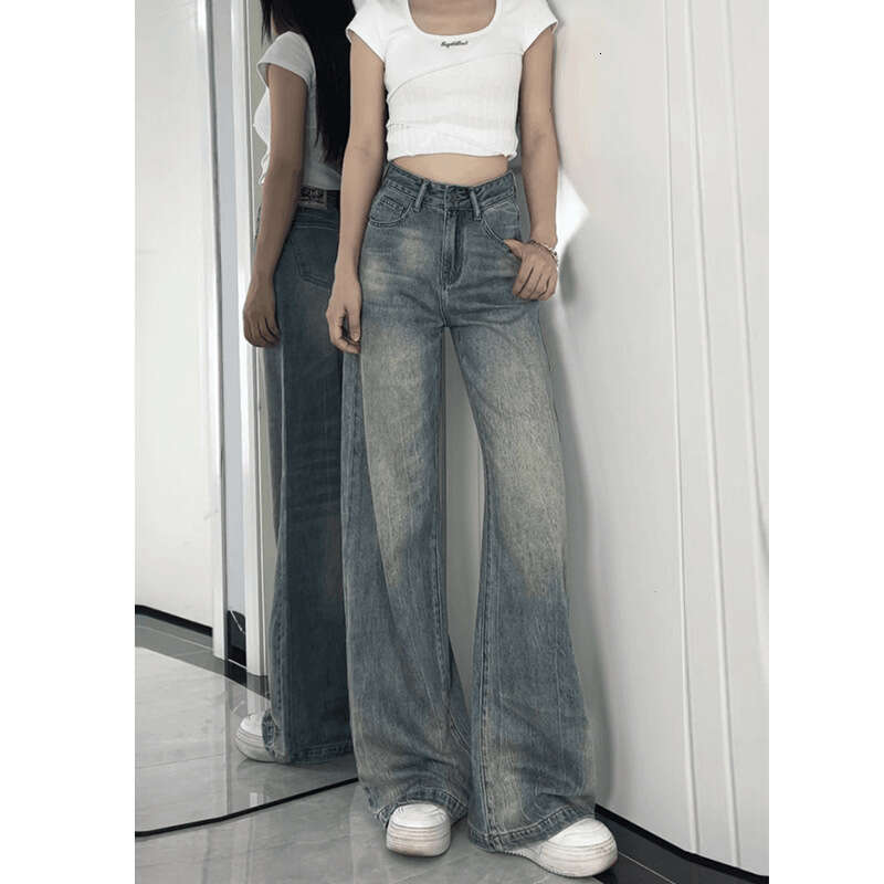 Korean Style Wide-Leg Jeans for Women, Spring and Autumn, High Waist, Loose Fit, Versatile, Draped, Floor-Length, Non-Sticky, Slightly Flared Pants