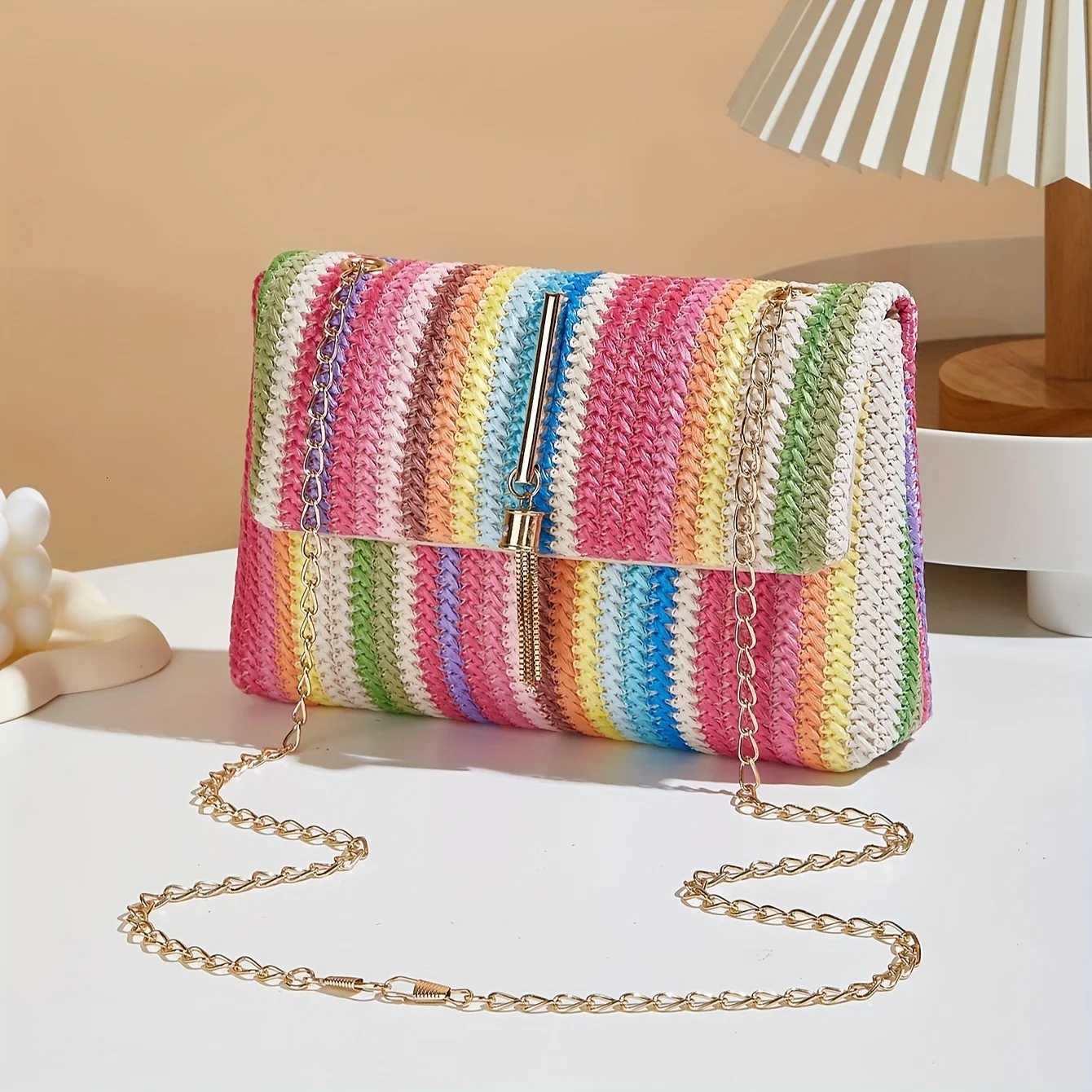 Chic Rainbow Stripe Straw Crossbody Bag for Women Adjustable Shoulder Strap Magnetic Closure Tassel Accent Fashion Square Purse Y250719