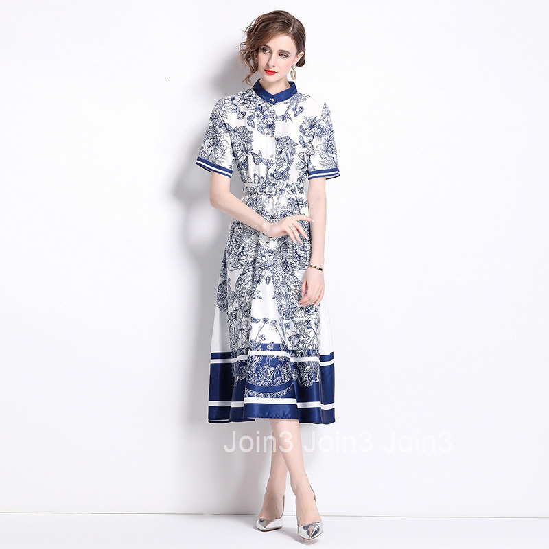 6061 Summer New Womens Fashion Pastoral Style Small Stand Collar Waist-Cinching Flared Printed Dress