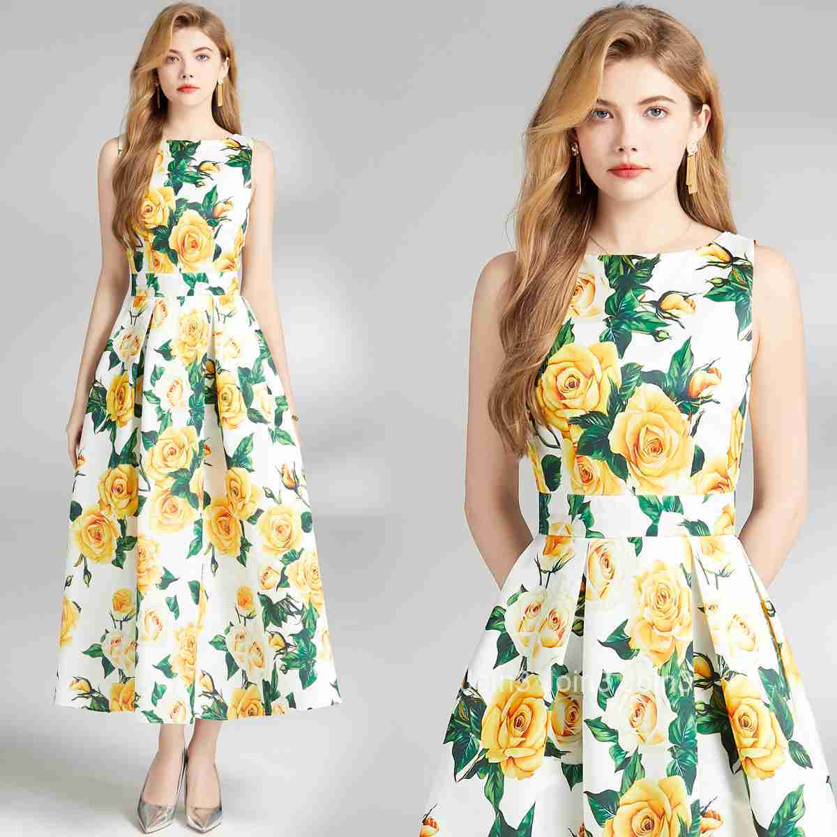 6839 Summer New Womens Fashion Elegant Printed Sleeveless High Waist Dress Waist-Cinching A-Line Long Dress