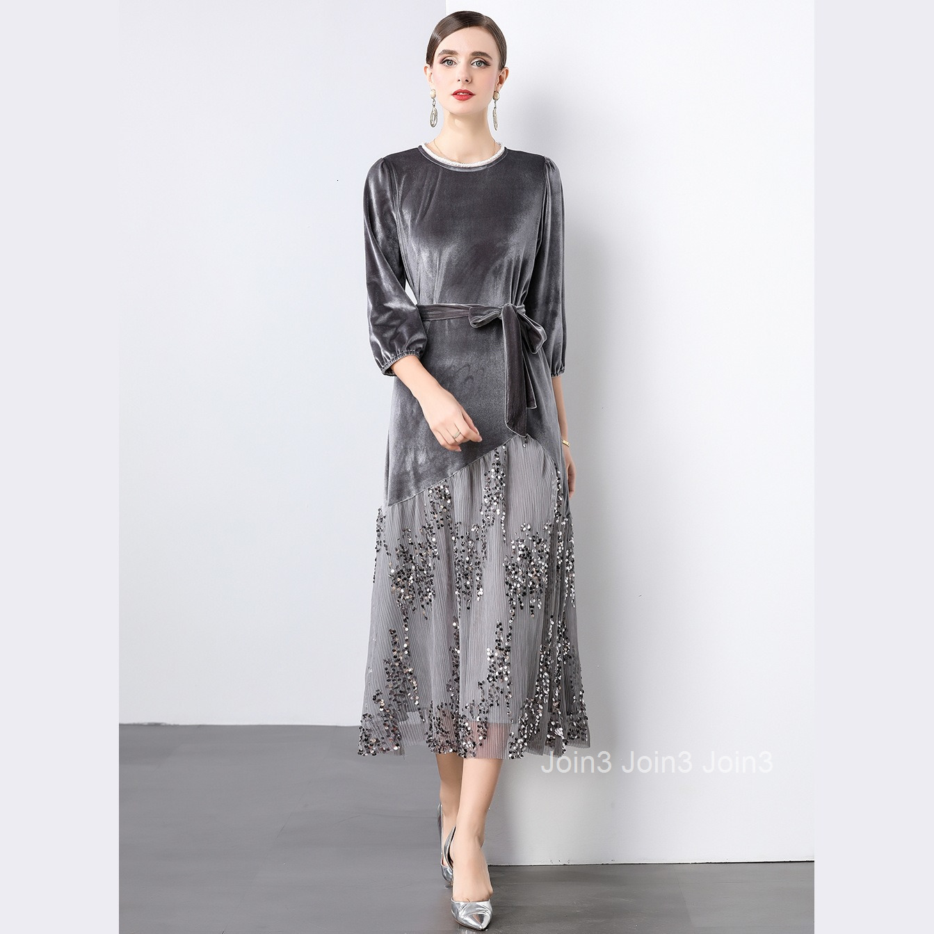 9865 temperament lace sequin spliced velvet dress