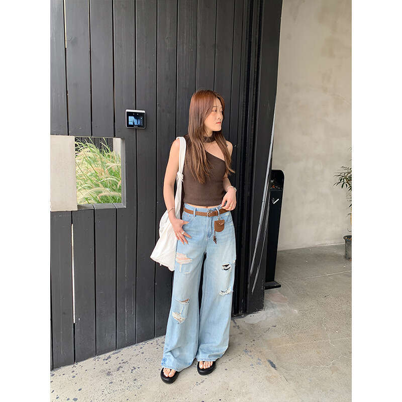 ICC American Street Style Distressed Jeans Light Blue Washed Loose Wide-Leg Pants for Women Thirteen Lines 10115