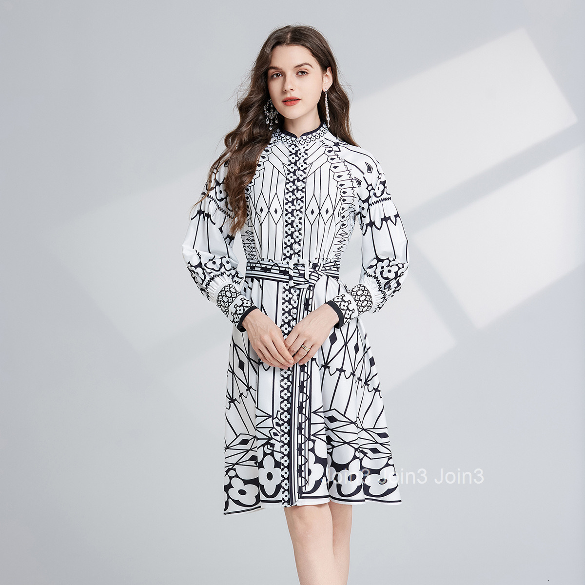 719 Autumn New Womens Style Black and White Printed Stand up Collar Dress with Lace Lantern Sleeves A-line Skirt