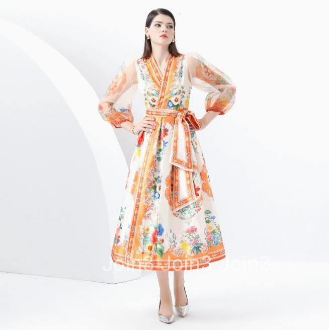 6016 Early Spring Vacation Wrap Tie Style Lantern Sleeve Long Printed Dress