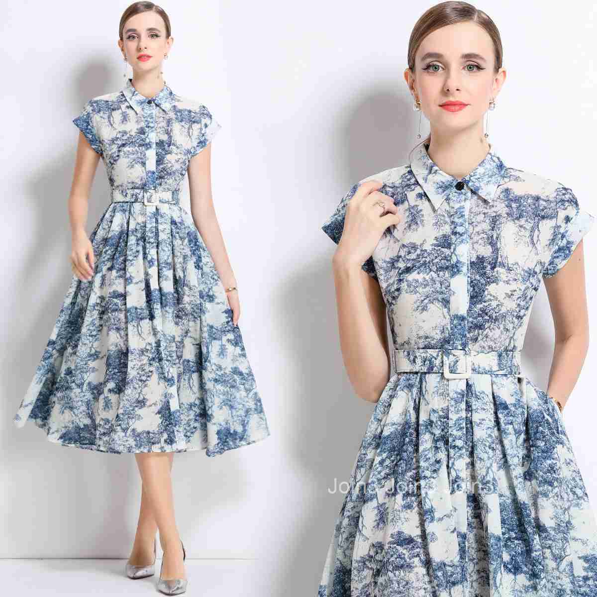 1701 Summer New Printed Short Sleeve Shirt with Belt Mid-Length Dress