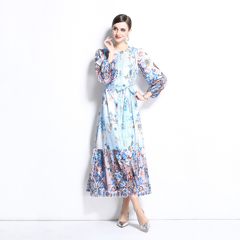 1238 Spring/Summer New Silk and Hemp Stand Collar Lantern Sleeve Printed Dress Long Dress