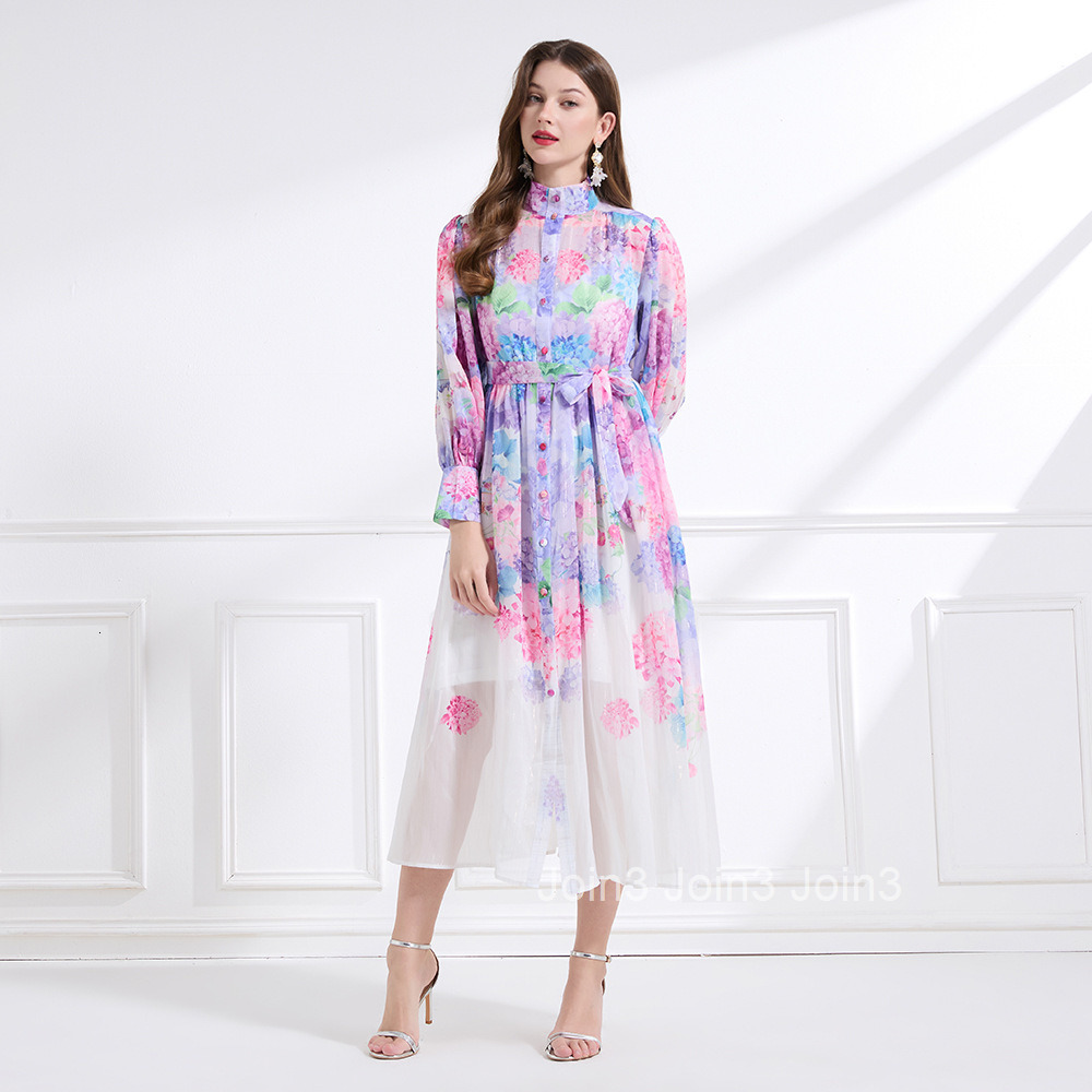 2184 Spring New Womens Clothing Stand Collar Printed Lantern Sleeve Waist Cinching Flared Long Dress Two-Piece Set