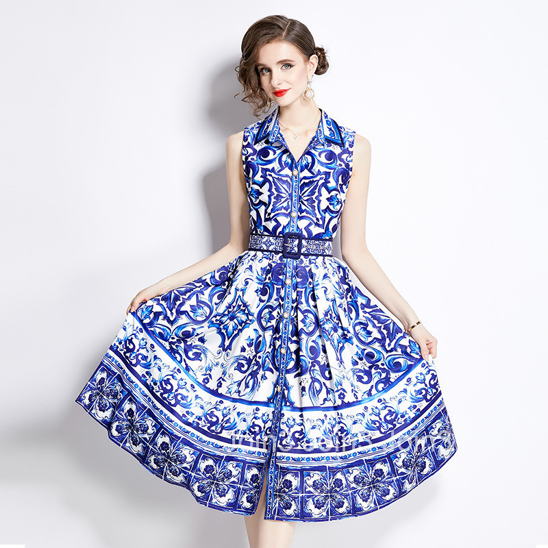 2490 Spring/Summer New Womens Printed Slimming Polo Collar Sleeveless Style Large Swing Mid length Dress