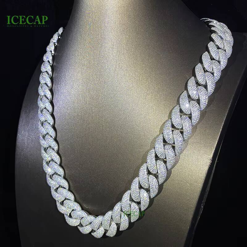 18mm 20mm 5-Row Moissanite Diamond Tester VVS1 Miami Cuban Link Chain 925 Sterling Silver Necklace with White Gold Finish