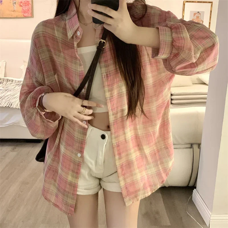 Top Sheer Chiffon Plaid Shirt Long Sleeve Button Up Collared Oversize Checked Shirts and Blouse Summer Casual Outfit 250717