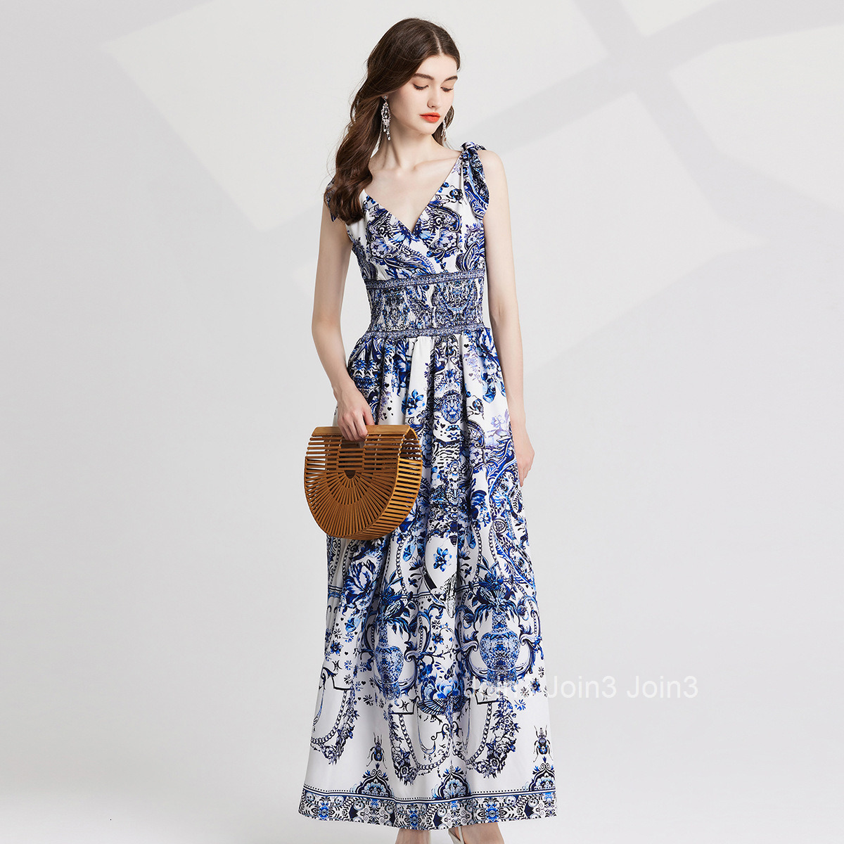 729 Summer New Womens Sexy V-neck Printed Elastic Waist Dress with Bow Tie Skirt