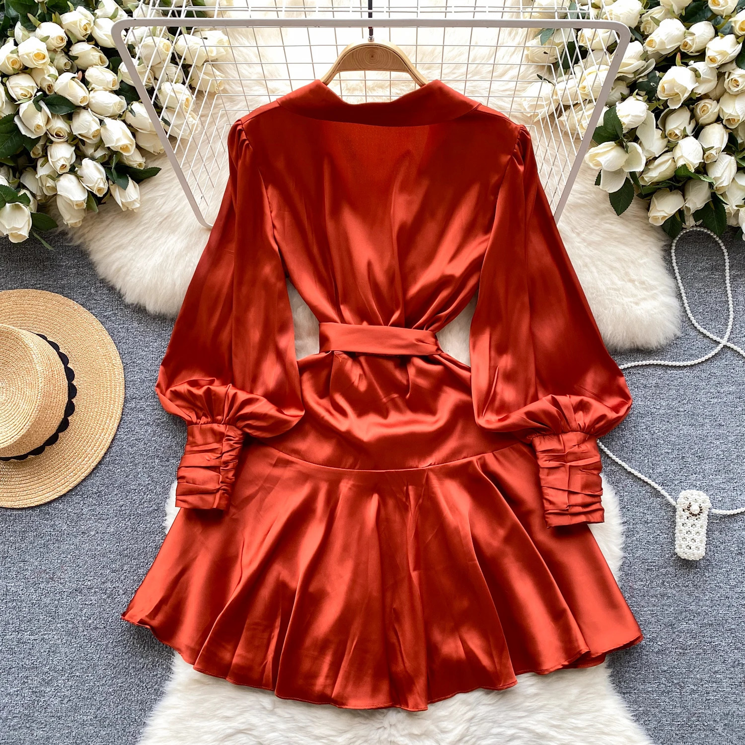 Vestidos De Mujer V Neck Puff Sleeve Satin Lace-up Solid Color Dresses for Women French Chic Pleated Dress Spring Drop 250715