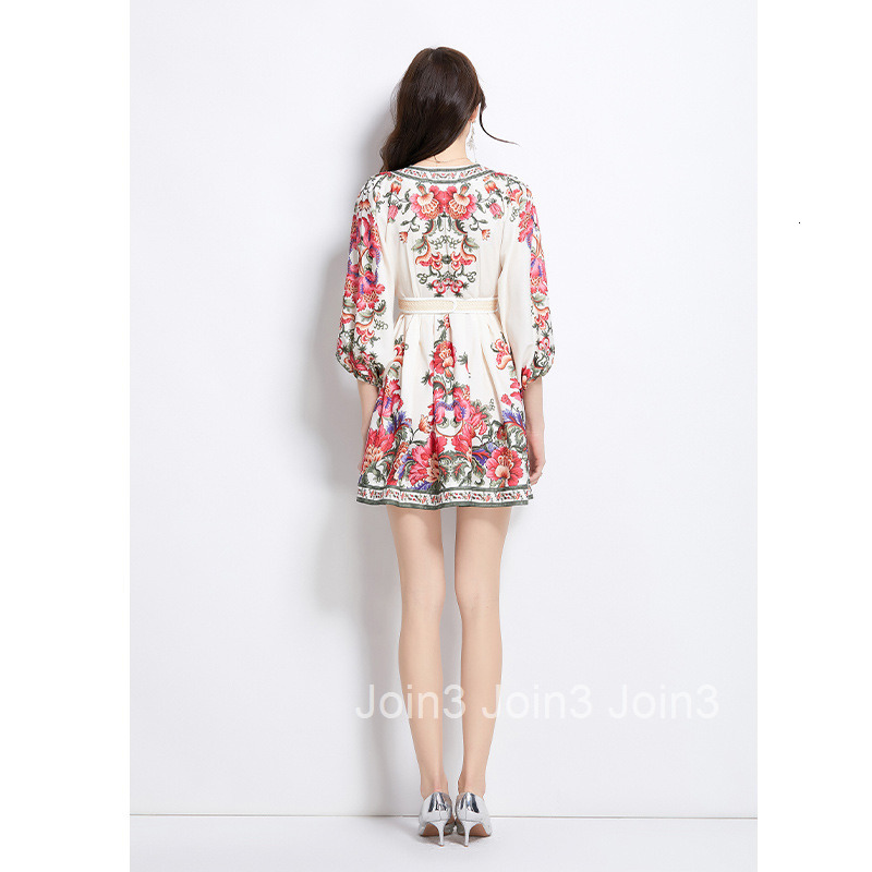 2719 Spring and Summer Vacation Ethnic Style Printed Elegant Short V-neck Dress