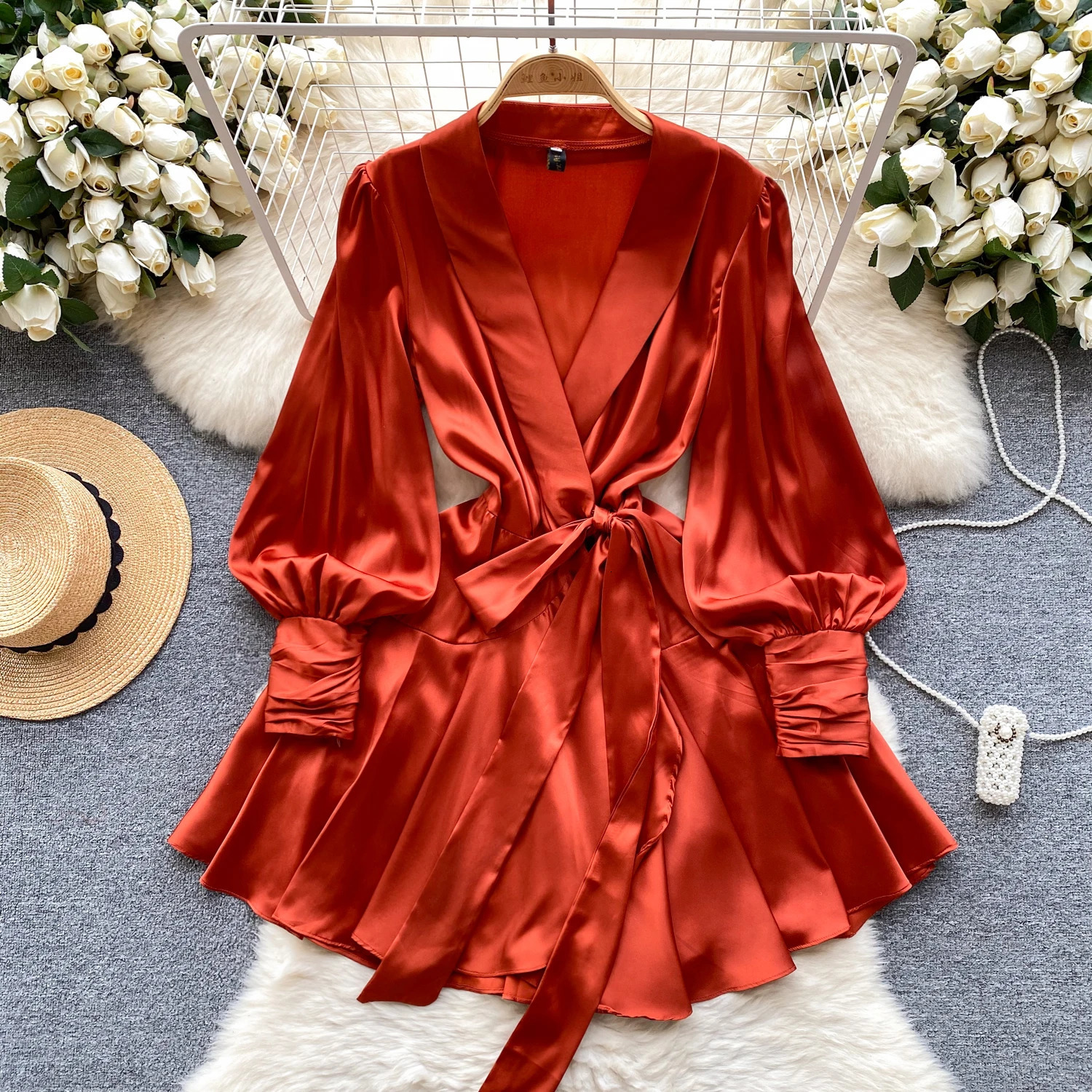 Vestidos De Mujer V Neck Puff Sleeve Satin Lace-up Solid Color Dresses for Women French Chic Pleated Dress Spring Drop 250715