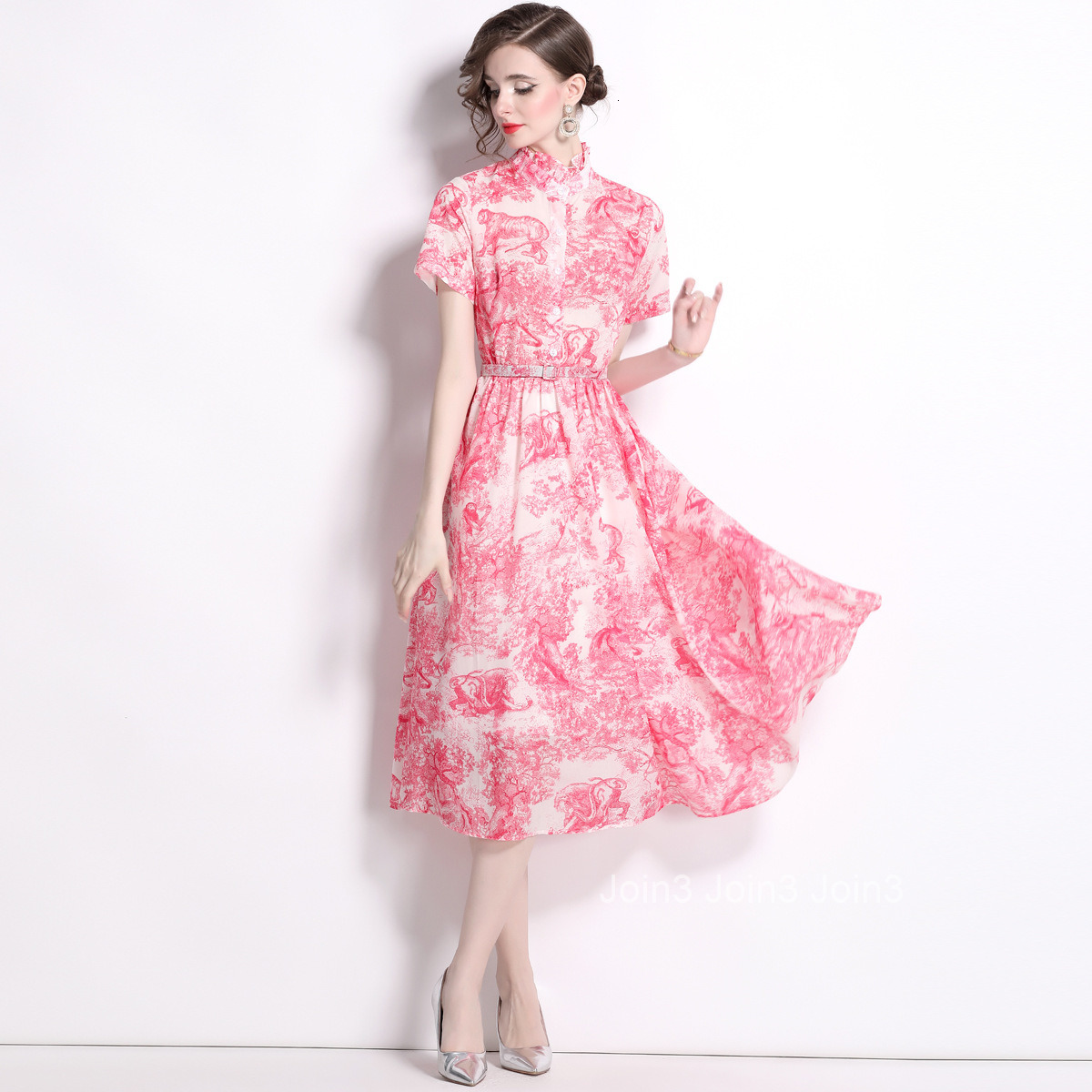 5829 Summer New Womens Blue and White Ink Wash Print Short Sleeve Slim Fit Mid-Length Dress with Lining