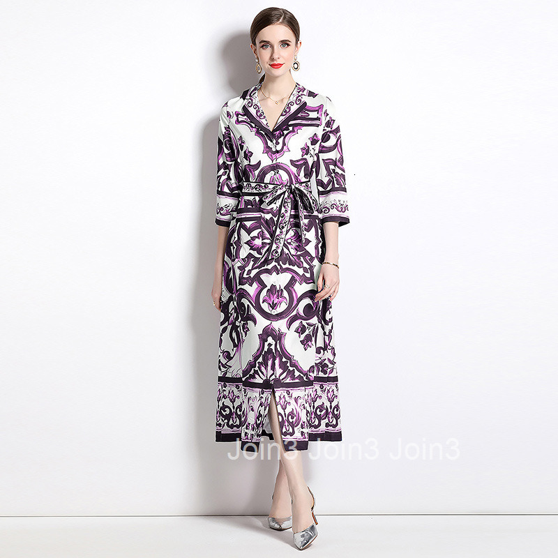 6068 Fashion Printed Loose Pocket Mid-Sleeve Blazer Collar Shirt Long Dress