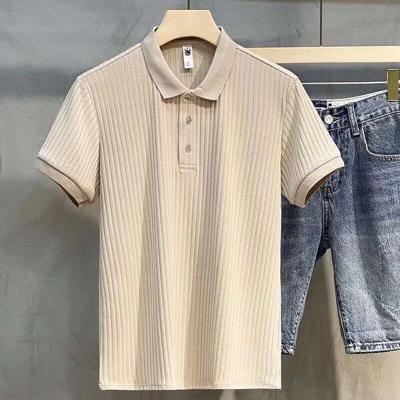 Business Ribbed Striped Mercerized Polo Shirt Short Sleeve Trendy Summer Top Turn-down Collar Men's T