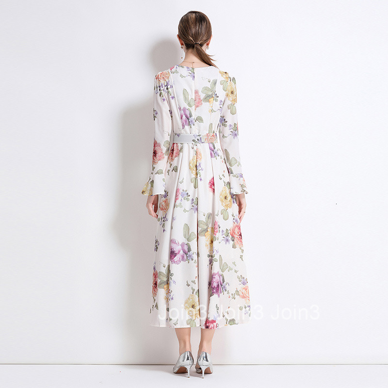 6691 Autumn New Deep Neck Flared Sleeve Printed Long Maxi Dress