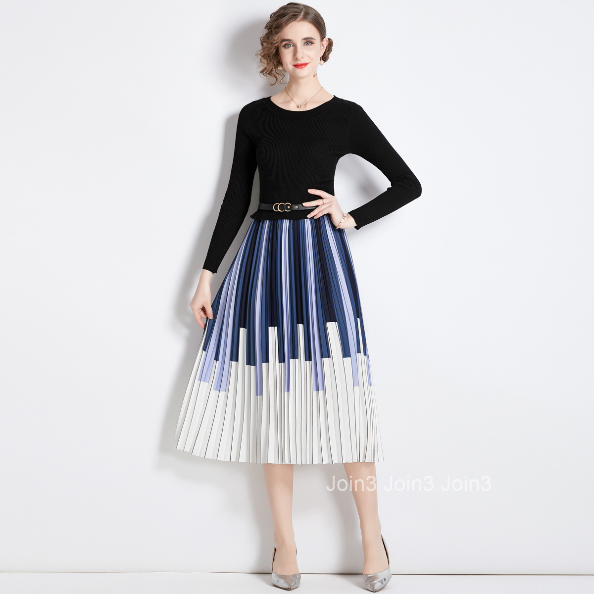 8273 Autumn Winter New Womens Fashion Elegant Long Sleeve Knitted Patchwork Color Block Printed Pleated Dress