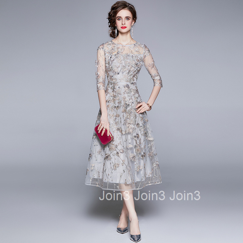6805 Spring/Summer Womens Elegant Dress Mesh Embroidered Banquet Dress Round Neck Seven Sleeve Long Dress