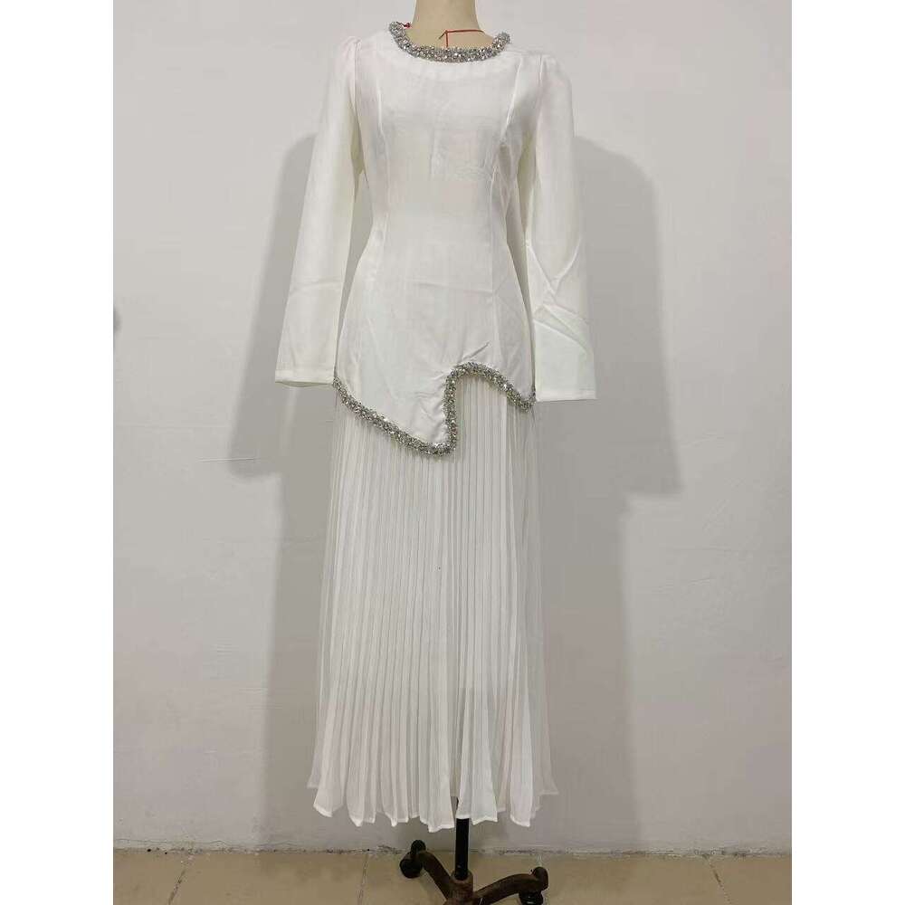 2025 Spring European and American Cross-Border Independent Station Foreign Trade Flowing Pure White Rhinestone Edge Elegant Long Dress Set