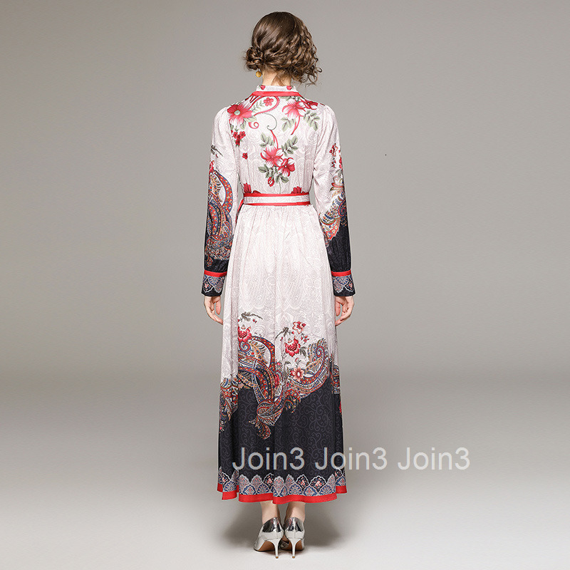 8686 Spring and Autumn Fashion Color-Block Paisley Print Long Dress with Bow Tie and Tie