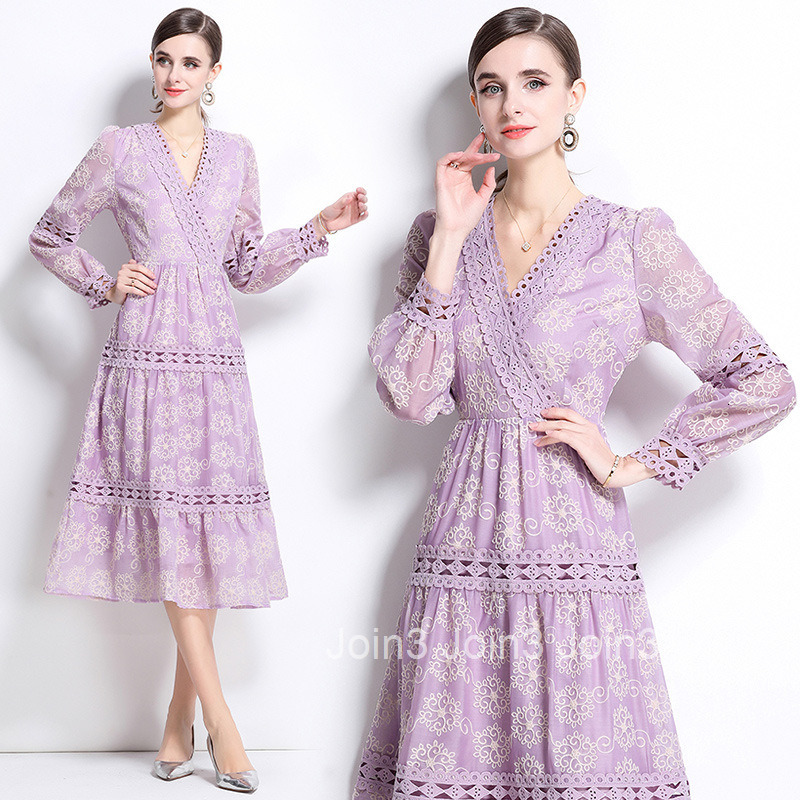 6970 Spring New Heavy Embroidery Hollow Out Button Slim Fit Mid-Length Lantern Sleeve Gown Elegance Style Dress