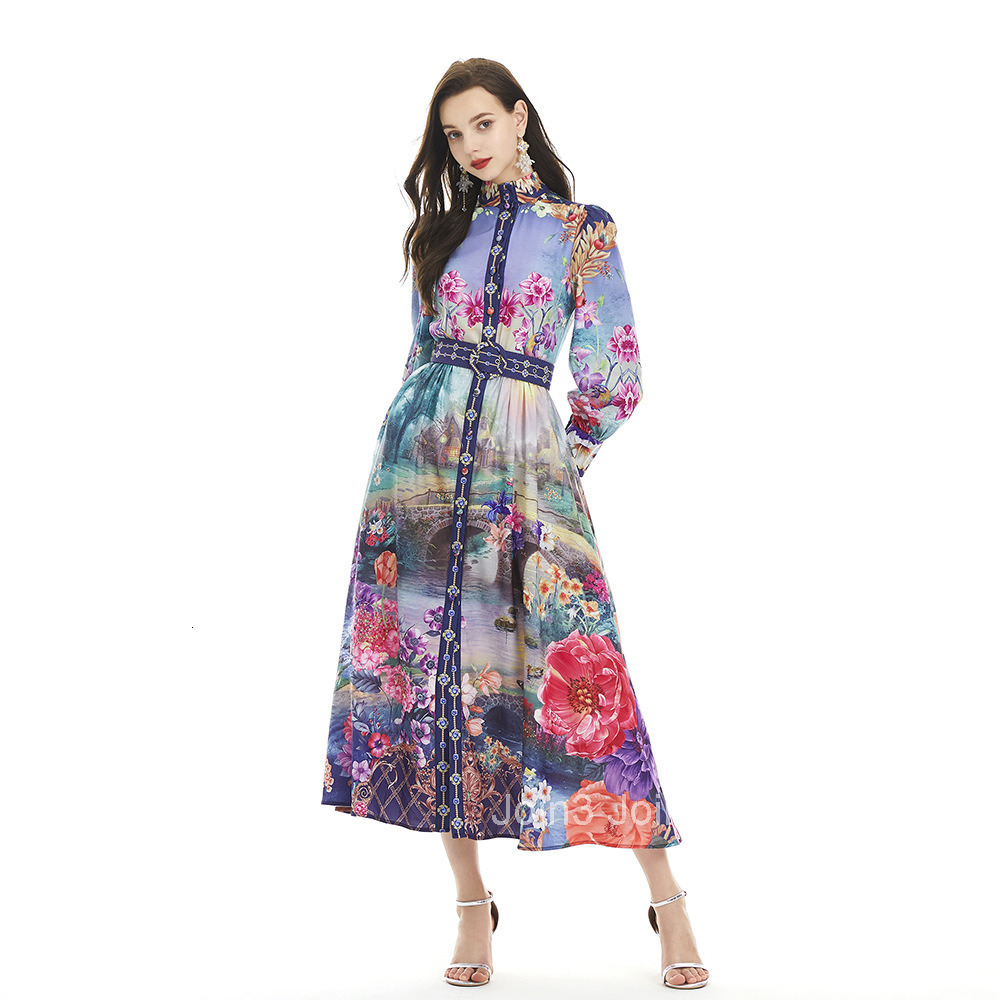 2081 autumn new womens clothing temperament painted print stand up collar single breasted waist cinched jumpsuit long skirt