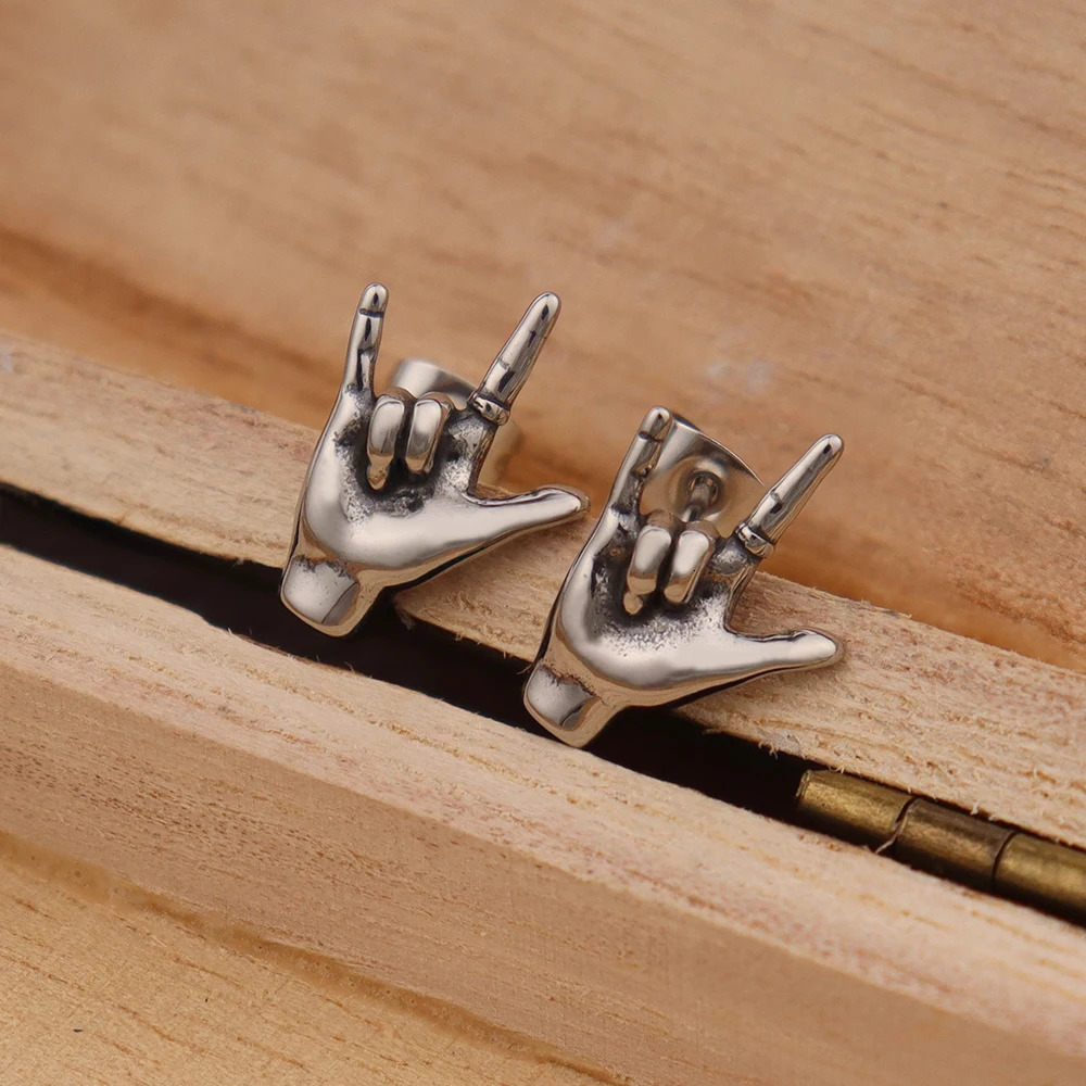 Punk Rock Personalized Ghost Hand Stud Earrings for Men Boy 316L Stainless Steel Gothic Erect Middle Finger Earrings Accessories 250715