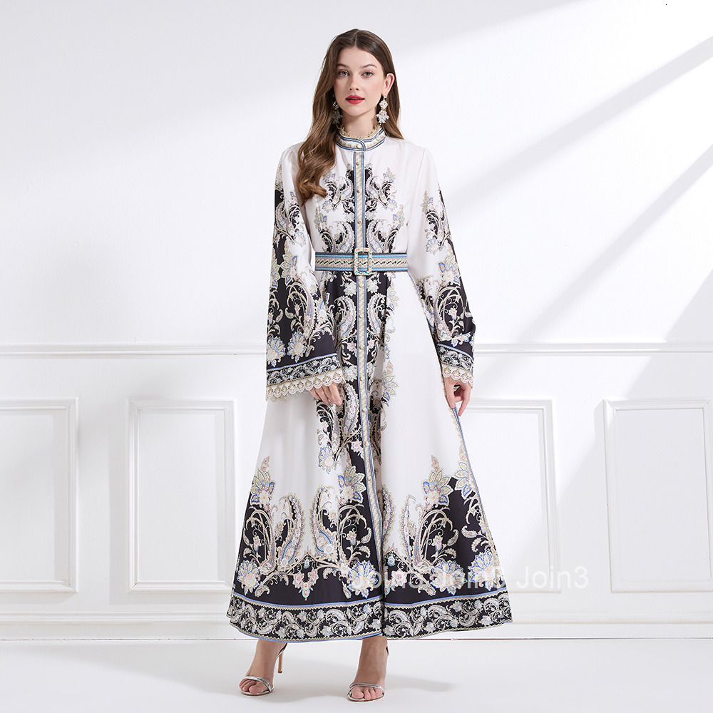 2186 Spring New Womens Clothing Elegance Style Stand Collar Lace Print Waist Cinching Flared Long Dress