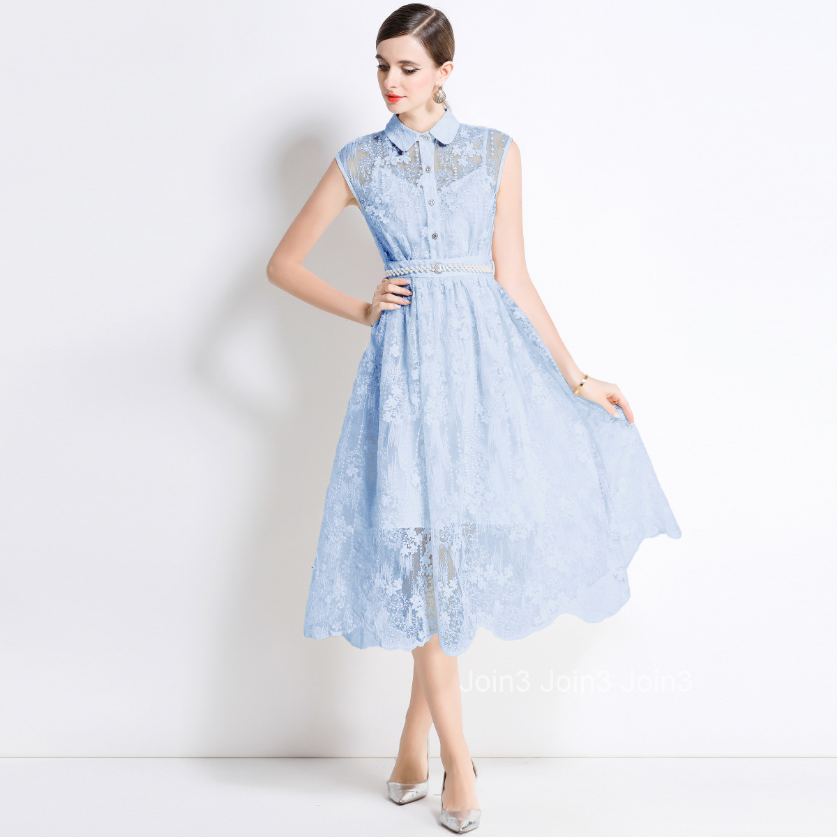 5875 Elegant Mesh Embroidered Long Dress Slim Waist Inner Strap Dress